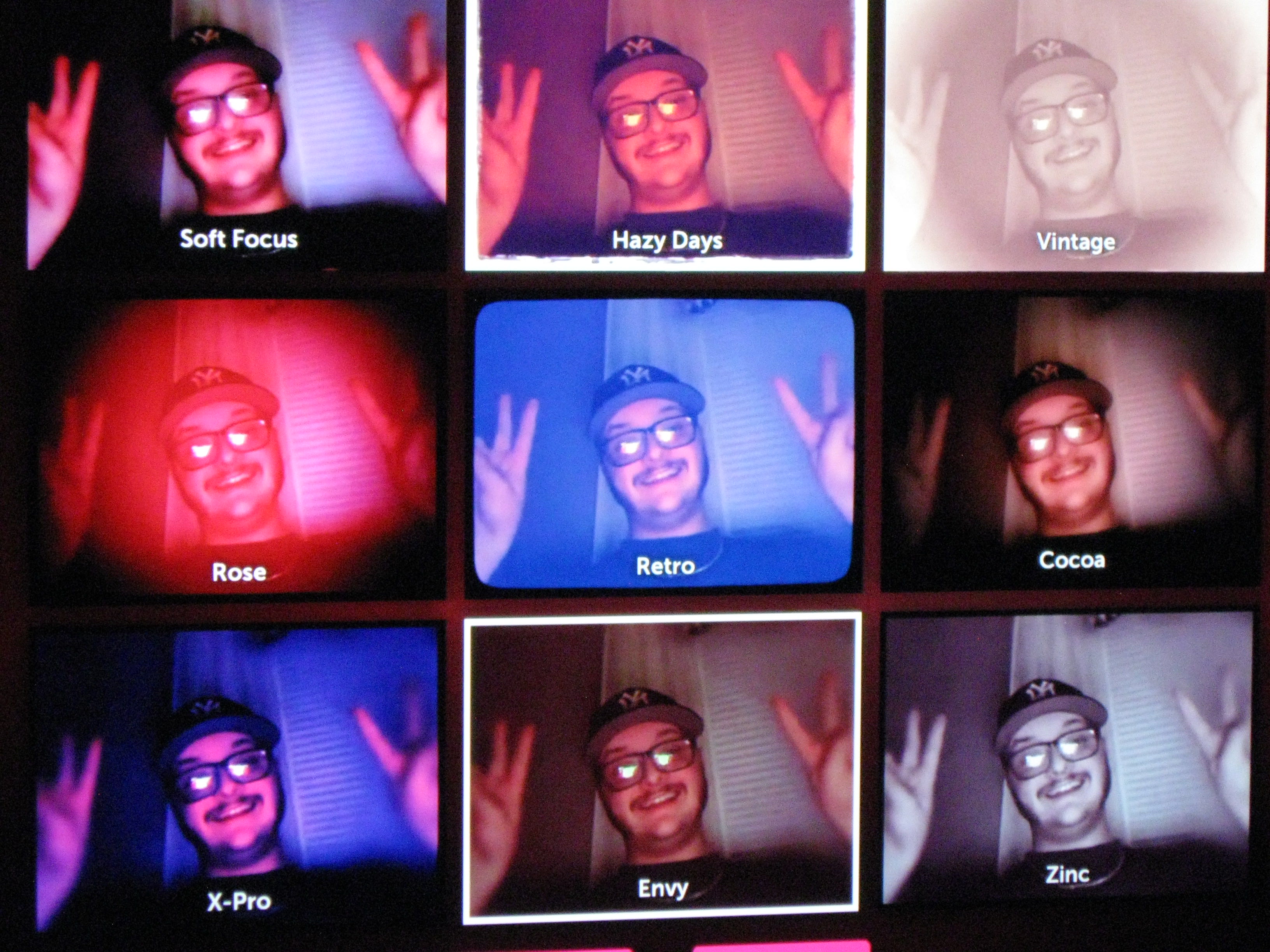 Daughter Lotus on a Photobooth-like website, posing with two peace-style hand gestures in a variety of filters with different colors, lighting styles, etc.